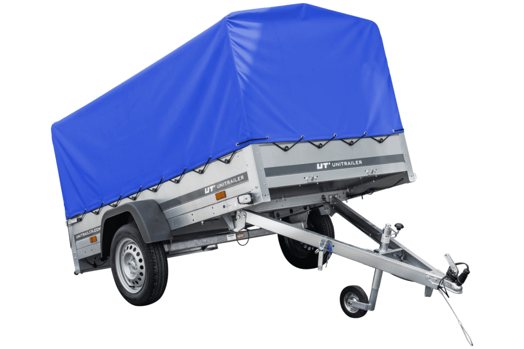 Auto Anhänger 230×125 Garden Trailer 230 KIPP Unitrailer 750 kg mit Stützrad, blauer Hochplane und Hochspriegel